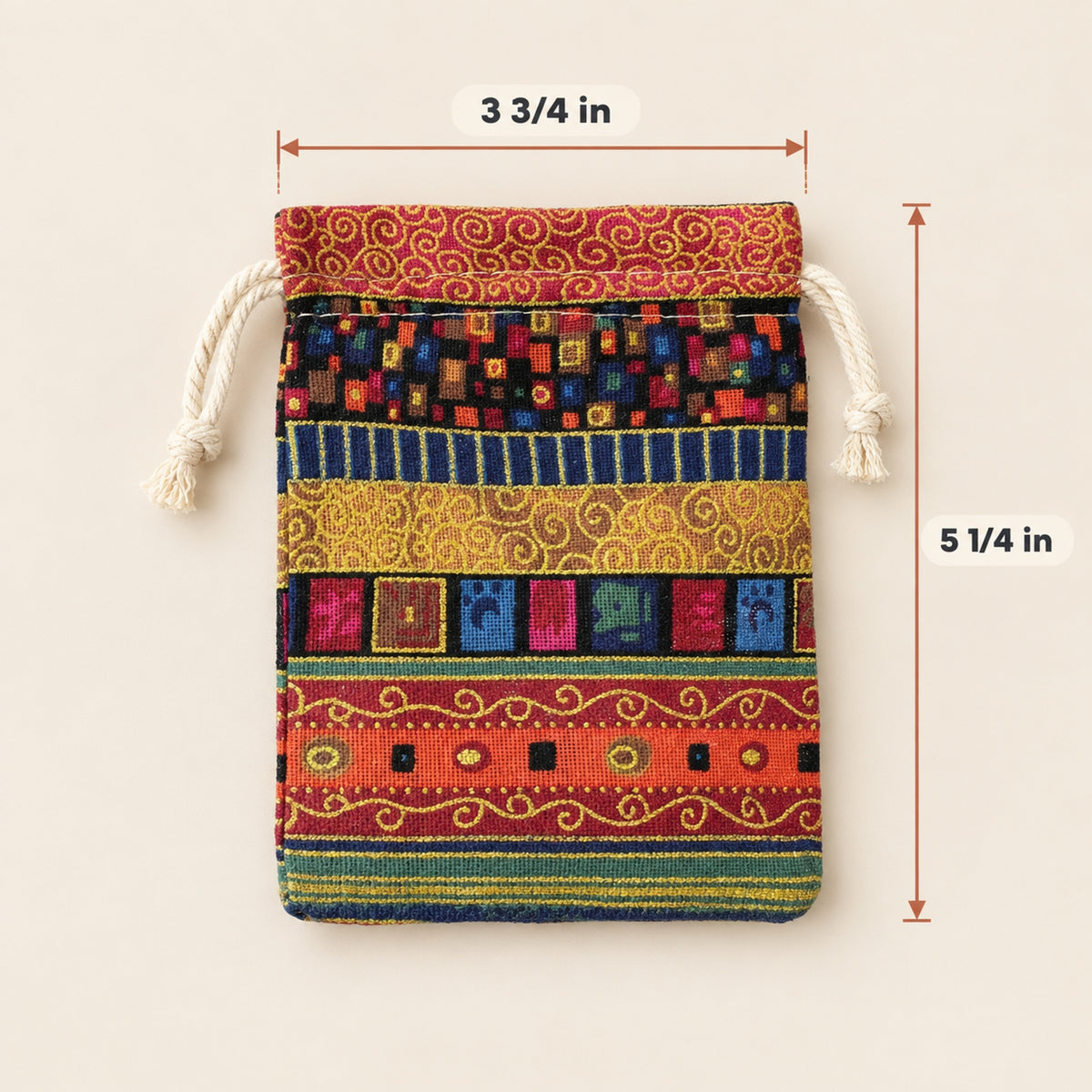 10 Ethnic Earthy Drawstring Fabric Pouches, Bohemian Cloth Bags, Reusable 4"x5"