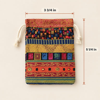 10 Ethnic Earthy Drawstring Fabric Pouches, Bohemian Cloth Bags, Reusable 4"x5"