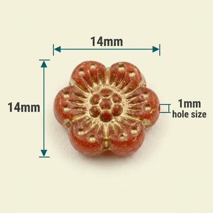 Wild Rose Czech Glass Beads, 8-Pack Burnt Orange Opaline Gold Wash, Flower Beads
