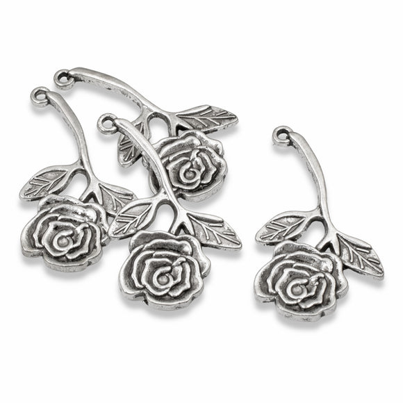12 Rose Pendants, Silver Metal Long Stem Flower Charms for Jewelry Making