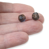 12 Faceted 8mm Crown Cathedral Beads - Montana Blue + Bronze Ends - Czech Glass