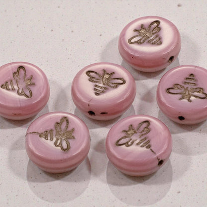 Pink Bee Beads: Czech Glass 12mm Coin Silk Rose 6 Pack Spring Nature Jewelry Making