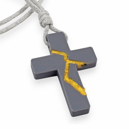 Gray Kintsugi Cross Necklace, Inspirational Wearable Art, Handmade Pendant, Meaningful Gift, Japanese Philosophy Jewelry