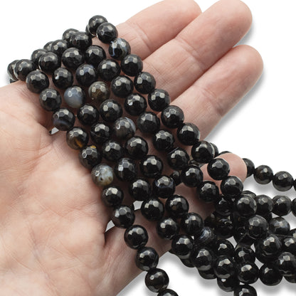 Faceted Black Agate Beads: 8mm Round Gemstone Strand Natural Stone 48 Pcs