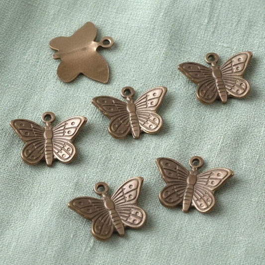 Brass Butterfly Charms Dimensional Wings: Antiqued Medium Finish Cottagecore Nature Dainty 6-Pack USA