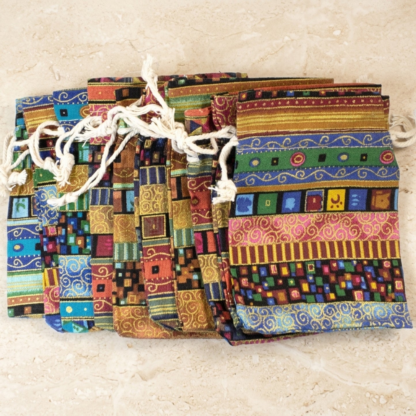 10 Ethnic Earthy Drawstring Fabric Pouches, Bohemian Cloth Bags, Reusable 4"x5"