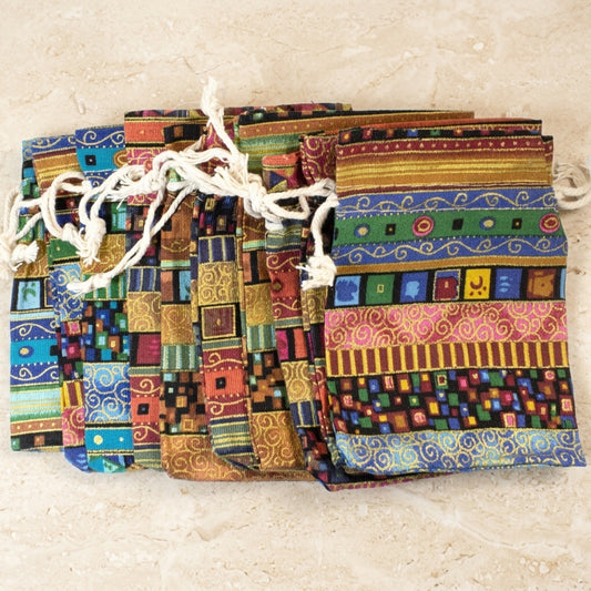 10 Ethnic Earthy Drawstring Fabric Pouches, Bohemian Cloth Bags, Reusable 4"x5"