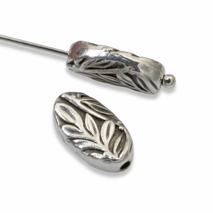 Botanical Leaf Beads, 4-Pack Antique Silver Oval Nature Beads 8x13mm, Jewelry Making