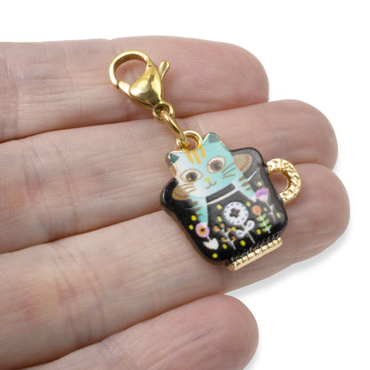 Kitty in a Teacup Clip-On Charm - Whimsical Cat Accessory - Handbag Bling