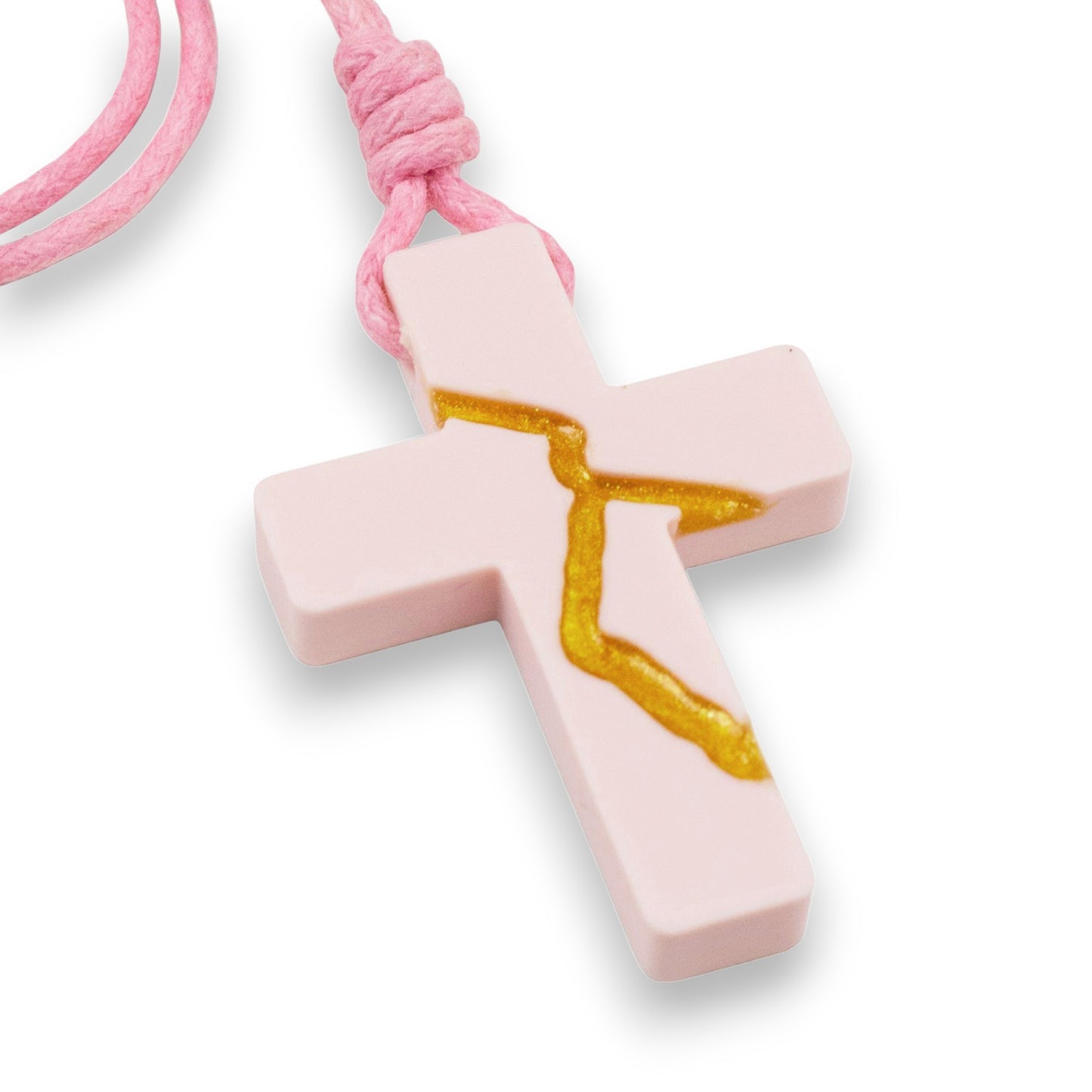 Pink Kintsugi Cross Necklace, Inspirational Wearable Art, Handmade Cross Pendant, Meaningful Gift, Japanese Philosophy Jewelry