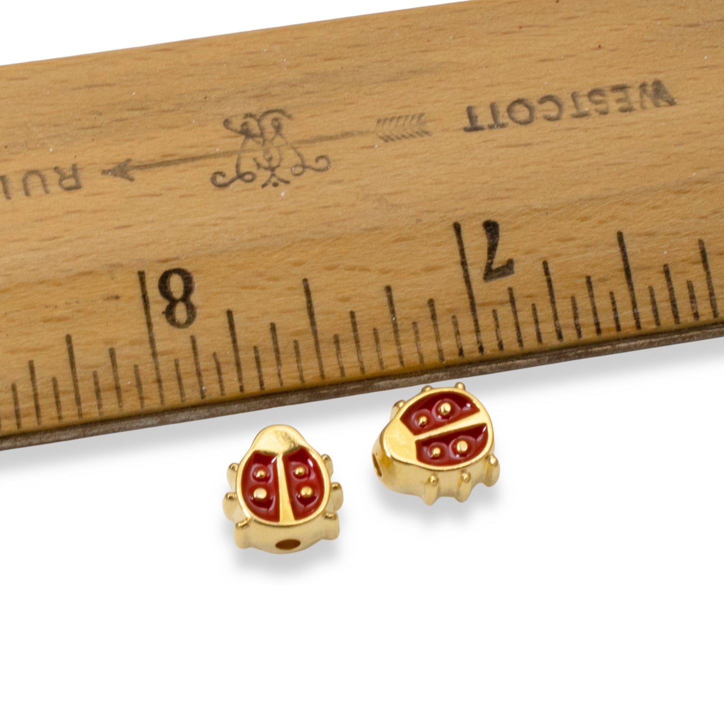 Red Enamel Ladybug Beads, 2Pc 24k Gold Plated, Spring Garden Nature Jewelry