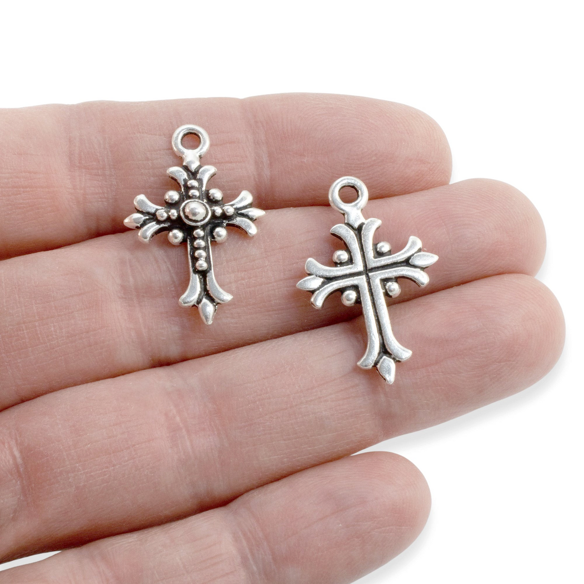 Fleur Cross Charms: Antique Silver Faith Necklace Rosary Pendant 2-Pack