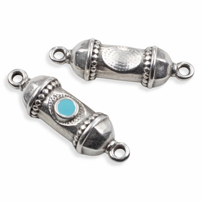 Silver Prayer Amulet Pendant 2Pcs, Antique Deco Connector with Aqua Enamel, Spiritual Jewelry Supply