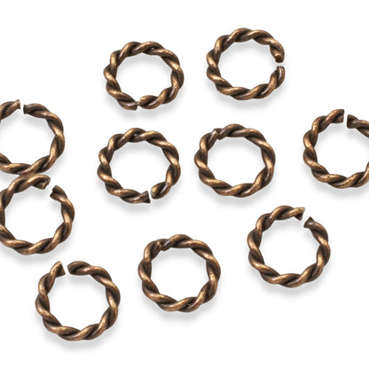 Mini Rope Jump Rings Antique Copper 10-Pack, Twisted Wire Connectors, Jewelry-Making Findings
