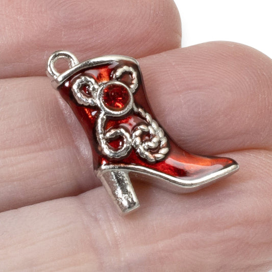 4 Enamel Red Boot Charms + Rhinestones - Eye Catching Boots for Cowgirl - Rodeo Jewelry - Western Crafts