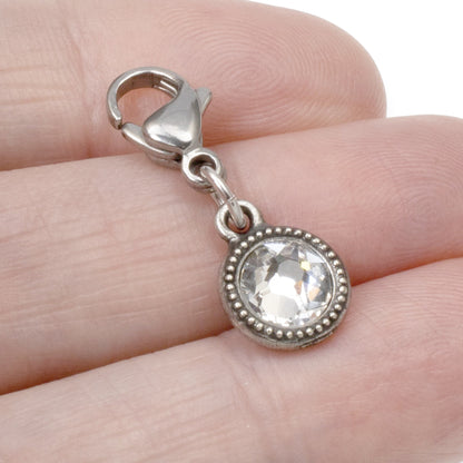 April Birthstone Clip-On Charm, Clear Crystal with Clip-On Design and Lobster Clasp, Unique Present for Birthday, Small Gift Idea