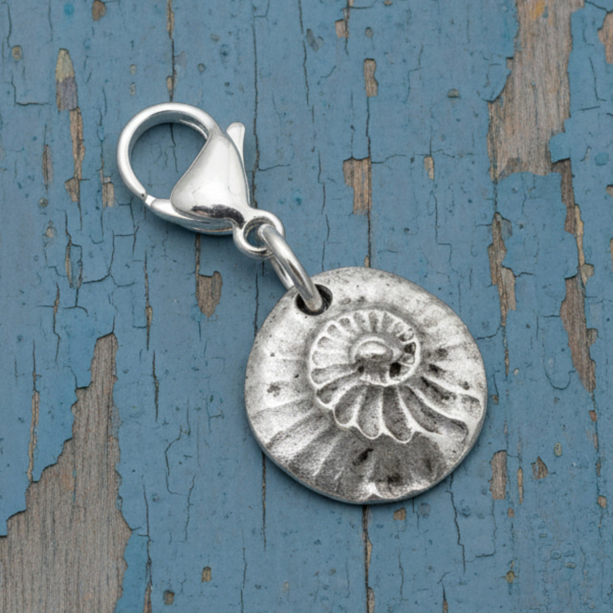 Silver Spiral Shell Clip-On Charm, Fine Silver Plated Pewter, Lobster Clasp