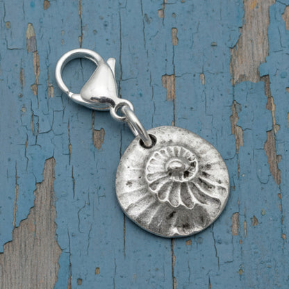 Silver Spiral Shell Clip-On Charm, Fine Silver Plated Pewter, Lobster Clasp