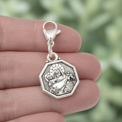 Saint Christopher Clip-On Charm: Silver Double Sided Travel Protection Faith Gift
