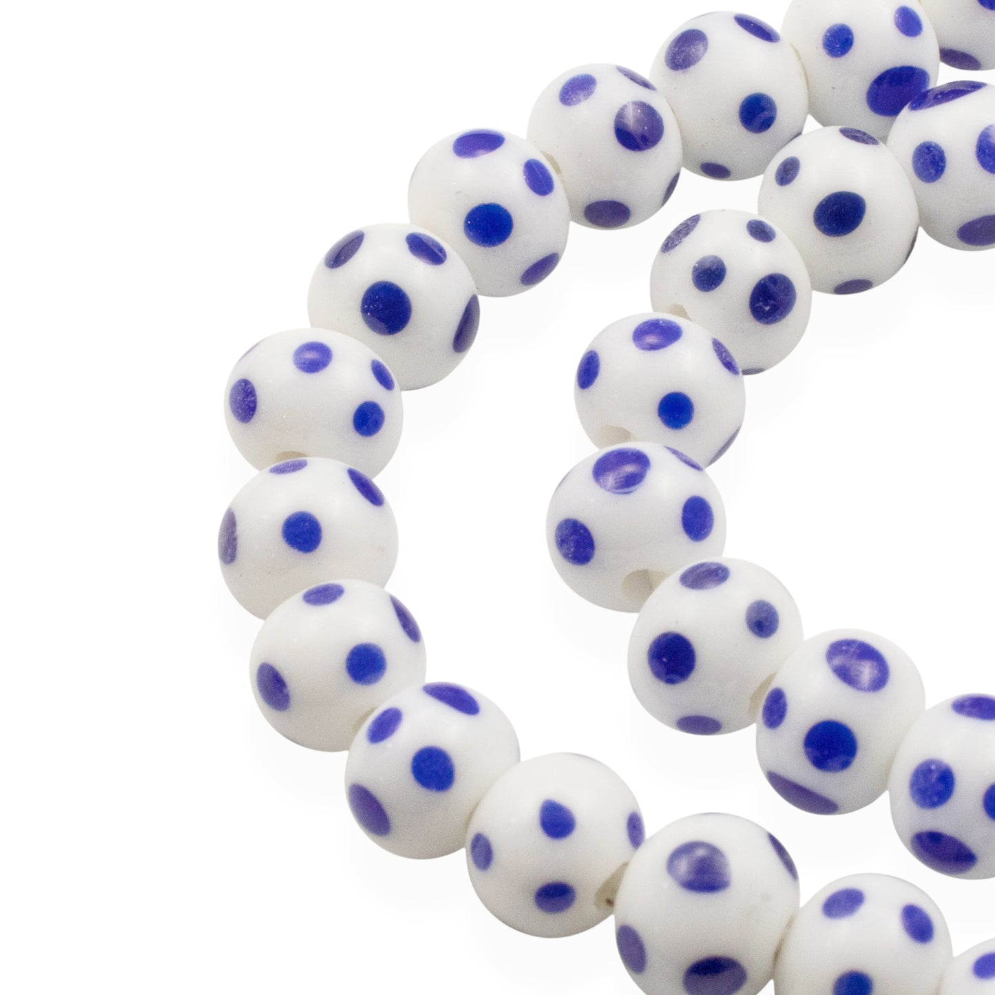 Blue Dots White Lampwork Glass Beads, Handmade Indonesian, 8mm Round Spotted Beads, 58Pcs per 17" Strand