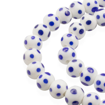 Blue Dots White Lampwork Glass Beads, Handmade Indonesian, 8mm Round Spotted Beads, 58Pcs per 17" Strand