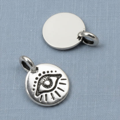 Silver Evil Eye Charm Pendants, Matching Pair for Leather Cord, 2-Pack
