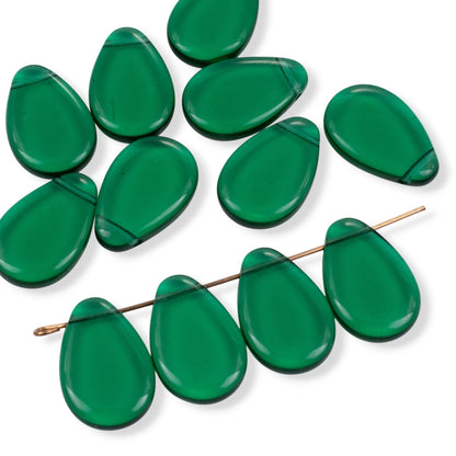 12 Teal Green Czech Glass Teardrop Beads, Tip Drilled 12x18mm Flat Pear Pendant Loose, Holiday Green Jewelry Supply