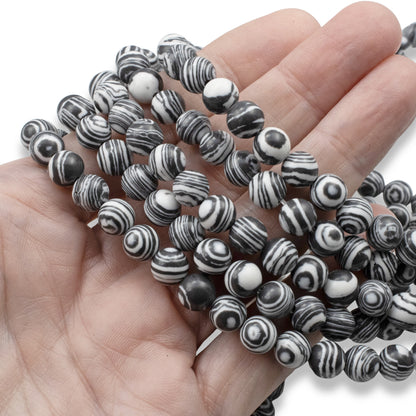 Black & White Striped Malachite Beads - 8mm Round Composite Stone - Full Strand