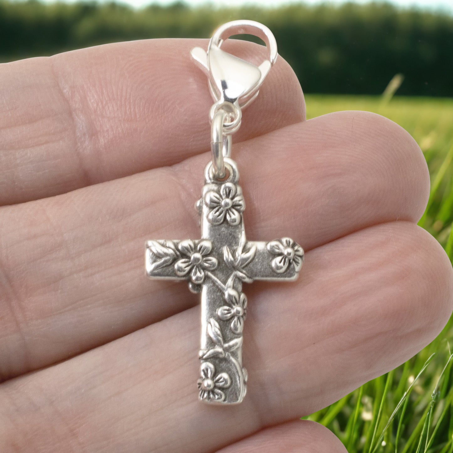 Silver Floral Cross Clip-on Charm, Religious Bag Accessory, Faith Jewelry