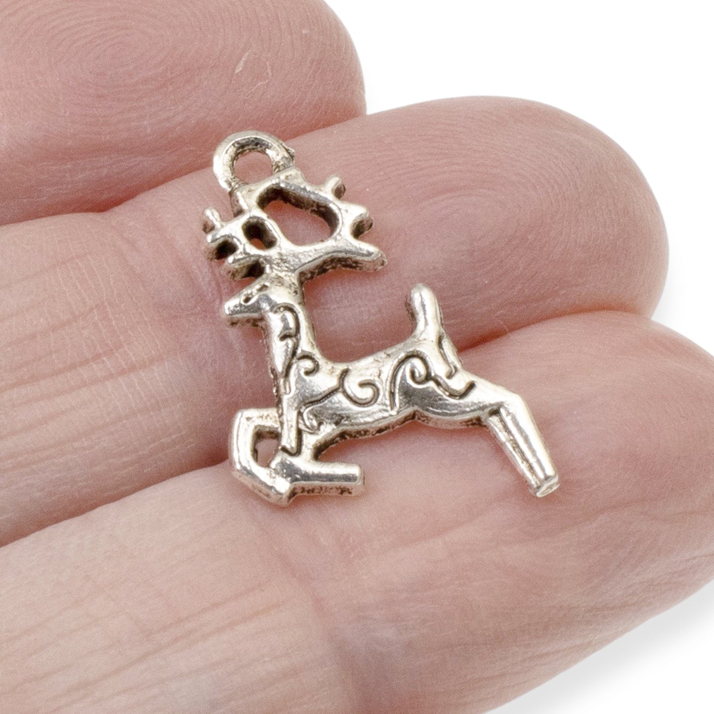 20 Silver Prancing Reindeer Charms with Swirl Design, Christmas Deer Charm