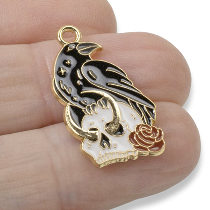 4 Raven, Skull & Rose Charm Set - Gothic Enamel Pendants for Unique Jewelry