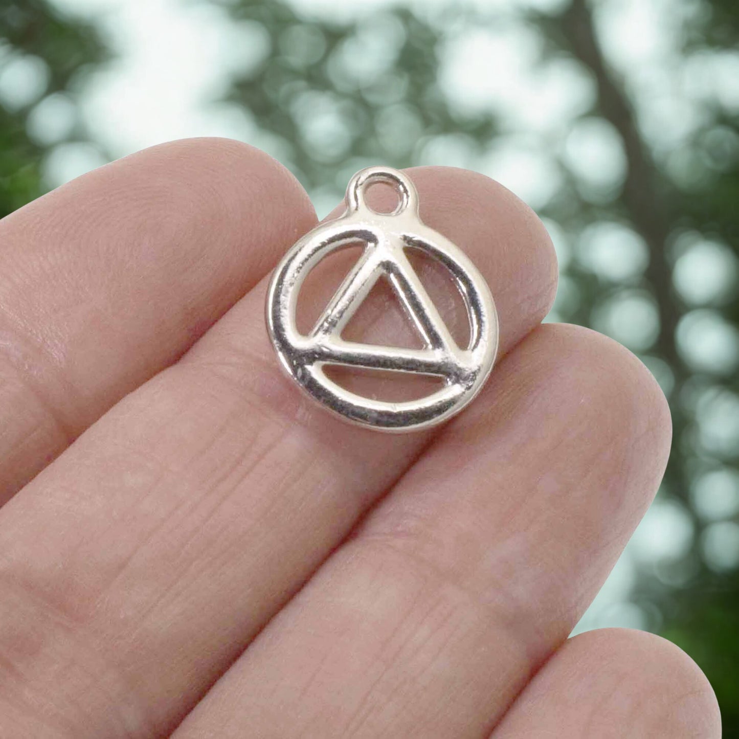 Sacred Geometry Pendant, 4-Pack Silver Spirit Recovery Charms, TierraCast Design Triangle in Circle Sobriety Jewelry