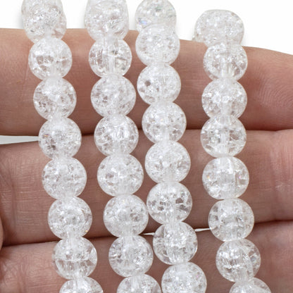 Winter Glass Beads, 8mm White Crackle Beads, Holiday Christmas Ornament DIY