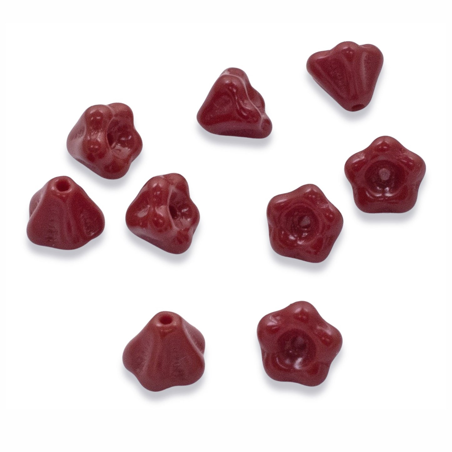 50 Baby Bell Flower Beads - Maroon Red - Czech Glass - 4x6mm Opaque Mini Flowers