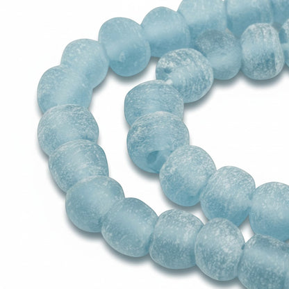 Blue Green Recycled Glass Beads: Matte Frosted Rough Round 50 Beads/Strand Coastal Boho