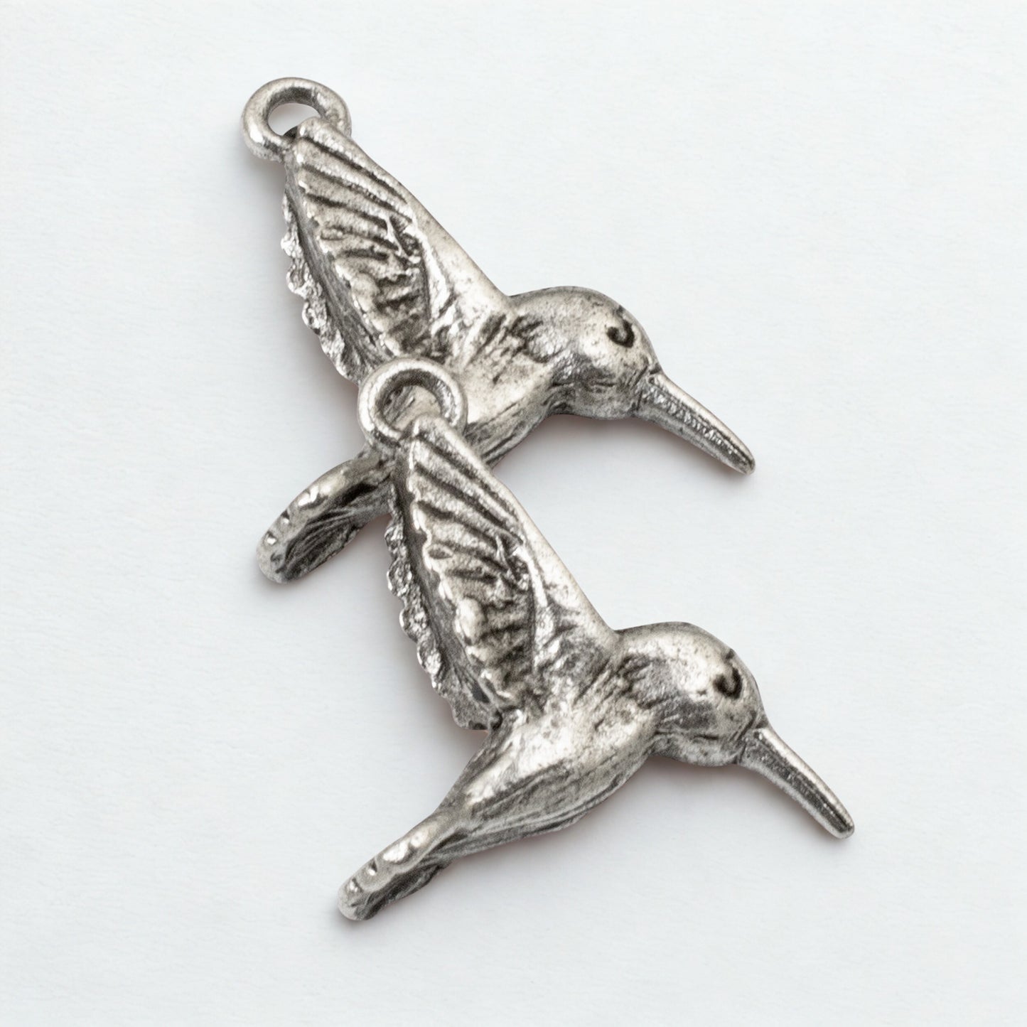 2 Pc Silver Hummingbird Charms, Fine Silver-Plated Nature Jewelry, Rustic Birds