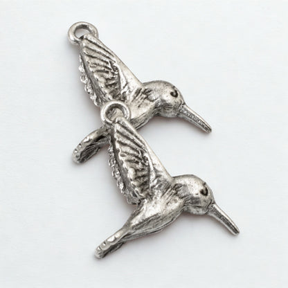 2 Pc Silver Hummingbird Charms, Fine Silver-Plated Nature Jewelry, Rustic Birds