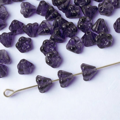 100pcs Deep Violet Czech Glass Mini Bell Flower Beads, 4x6mm Purple DIY Jewelry