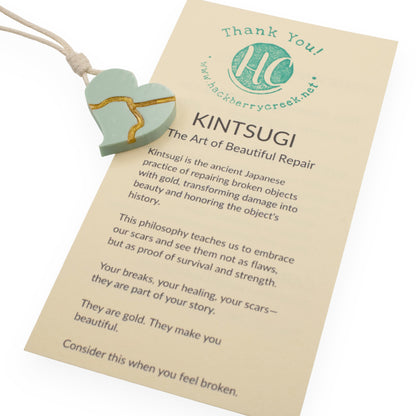 Kintsugi Heart Necklace: Sage Green Wearable Art Inspiration Gift Handmade USA
