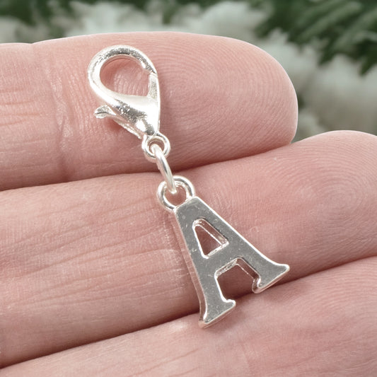 Silver Letter A Charm, Initial Alphabet Clip-On, Personalized Jewelry, Custom Initial Charm