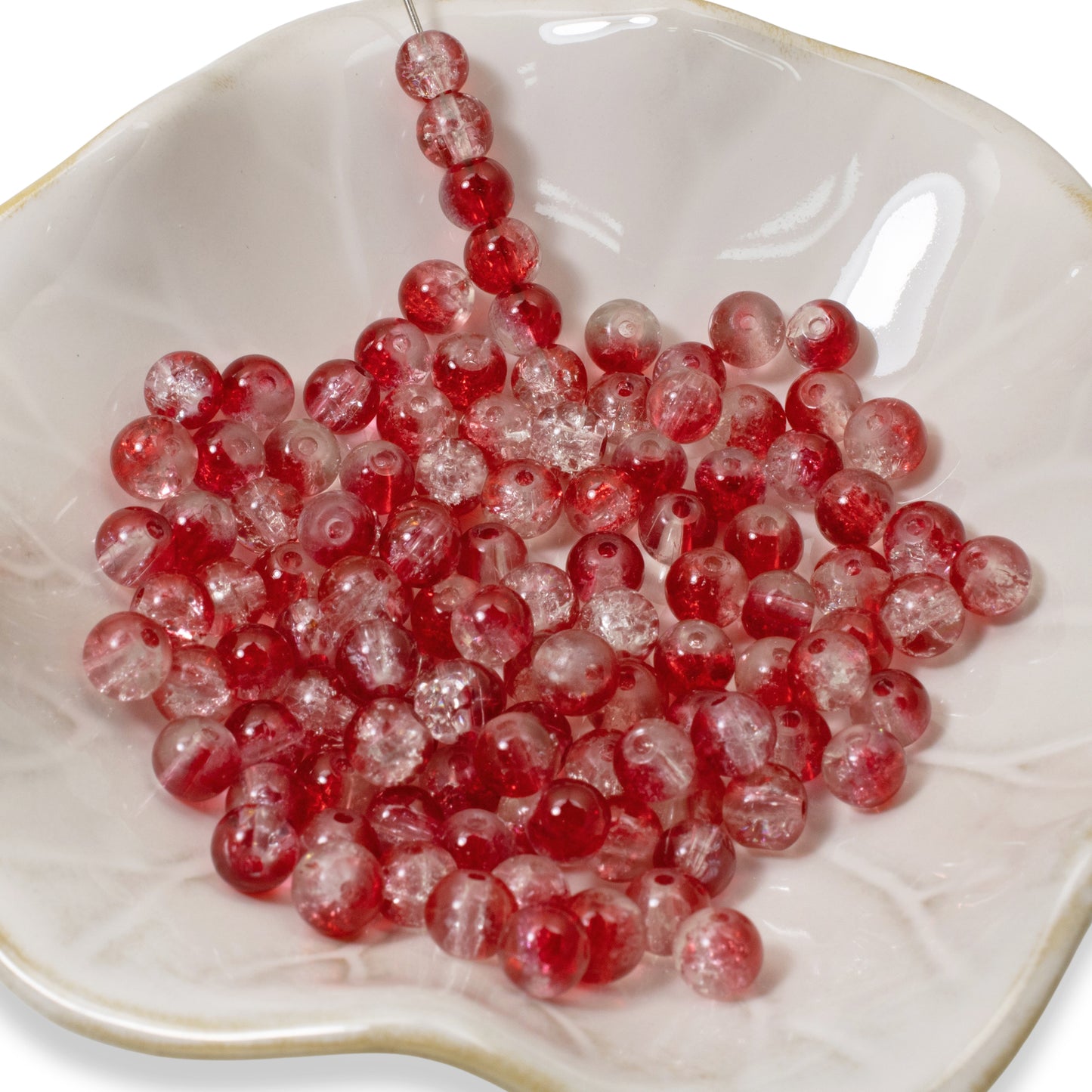 100 Crackle Glass Beads - Red & Clear - 6mm Round - Two Tone Beads - Festive Beads for Christmas Jewelry - Holiday Crafts