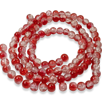 100 Crackle Glass Beads - Red & Clear - 6mm Round - Two Tone Beads - Festive Beads for Christmas Jewelry - Holiday Crafts