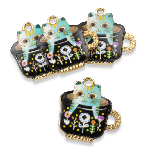 6 Enamel Cat in Teacup Charms - Whimsical Kitty Pendants - DIY Jewelry Making