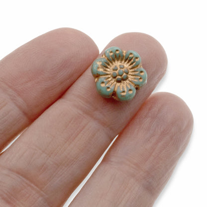 Wild Rose Czech Glass Beads, 8-Pack Turquoise Copper Wash, 14mm Flower Beads