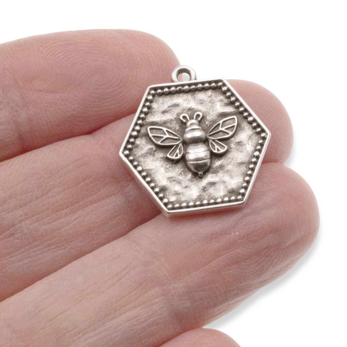 Silver Hexagon Bee Charm: 2Pc Medallion Pendants, Spring Garden Jewelry Making, Nature Earrings