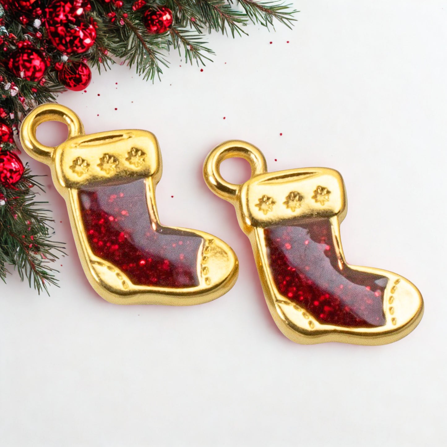 Gold Christmas Stocking Charms 2-Pack, Holiday Jewelry Making, Festive Earrings