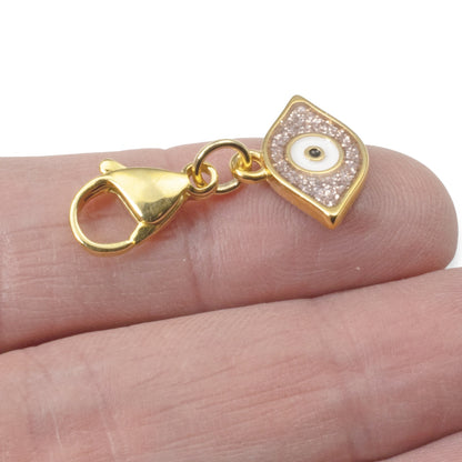 Gold Evil Eye Charm: 24K Gold Plated Pink Glitter Enamel Clip On Lobster Clasp Protection Symbol 1-1/8 Inch