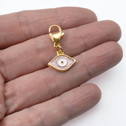 Gold Evil Eye Charm: 24K Gold Plated Pink Glitter Enamel Clip On Lobster Clasp Protection Symbol 1-1/8 Inch