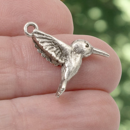 2 Pc Silver Hummingbird Charms, Fine Silver-Plated Nature Jewelry, Rustic Birds