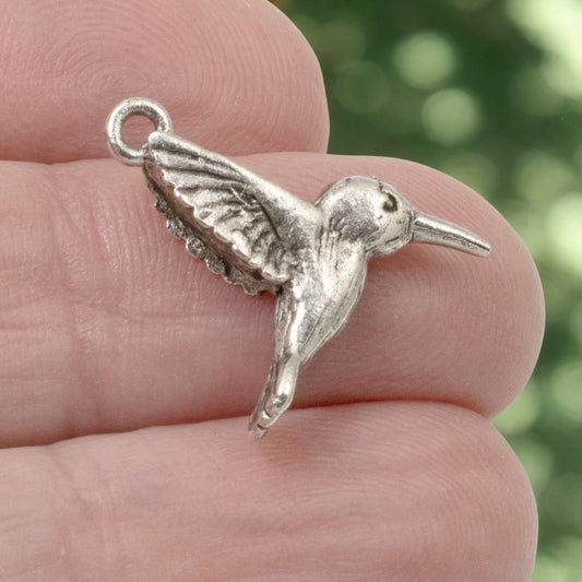 2 Pc Silver Hummingbird Charms, Fine Silver-Plated Nature Jewelry, Rustic Birds